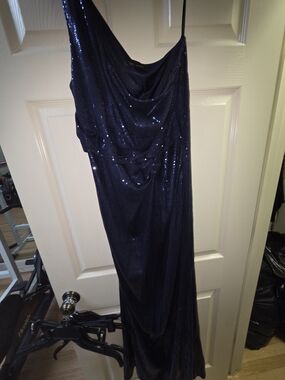 Navy Sequin Draped Evening Dress
